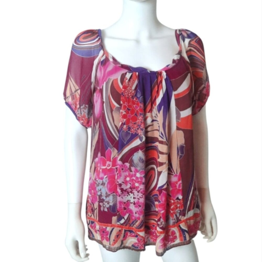 ECI New York Pink Purple‎ Floral Silk Sequins Top size 4